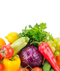 Fruits and vegetables isolated on a white background. Free space for text.