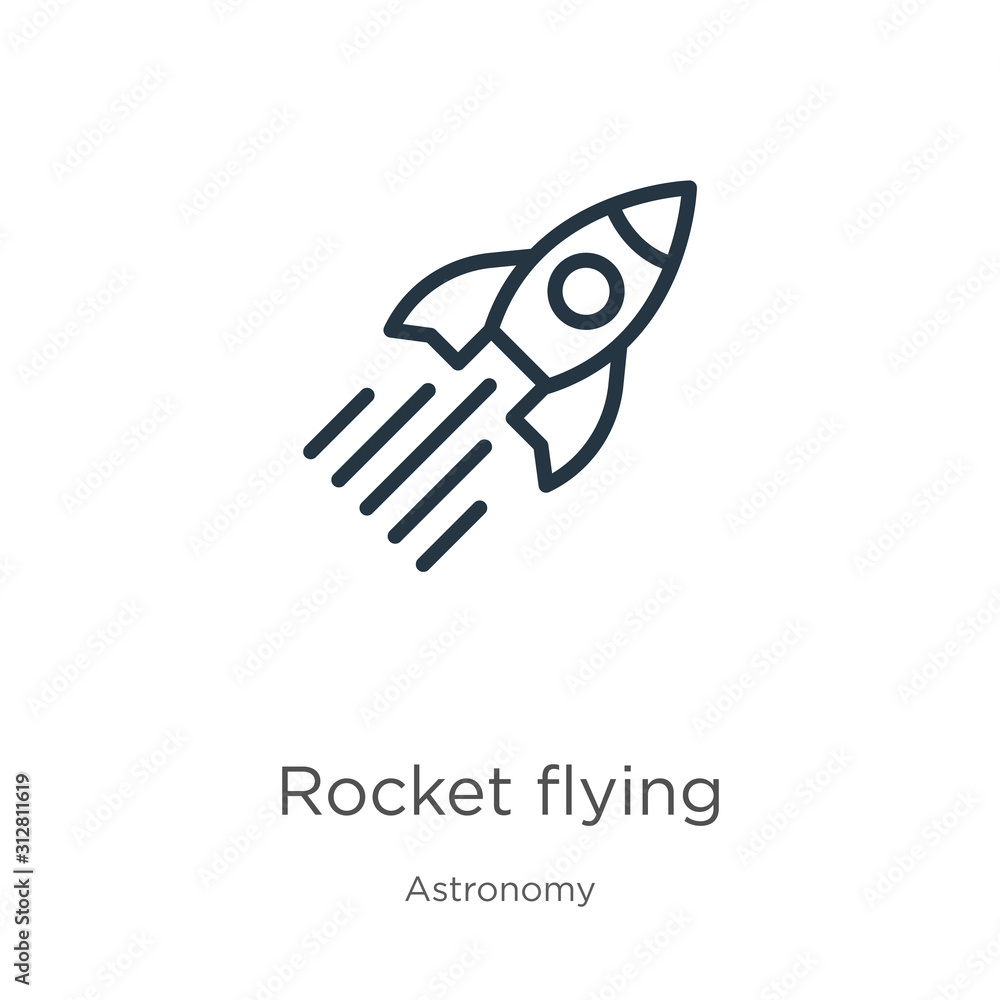 Poster rocket flying icon. thin linear rocket flying outline icon isolated on white background from astrono