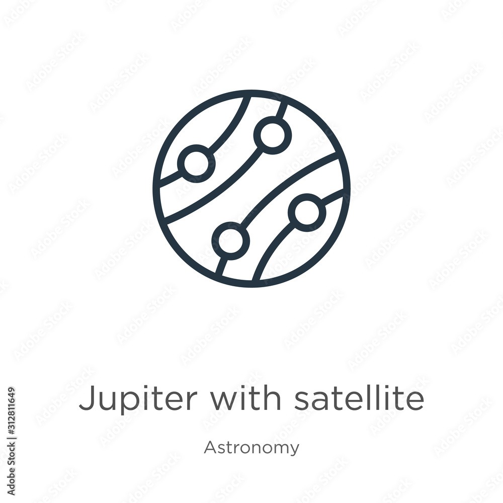 Poster jupiter with satellite icon. thin linear jupiter with satellite outline icon isolated on white backg