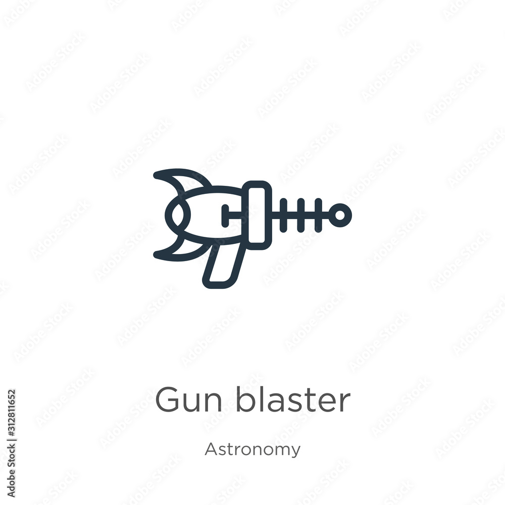 Poster gun blaster icon. thin linear gun blaster outline icon isolated on white background from astronomy c