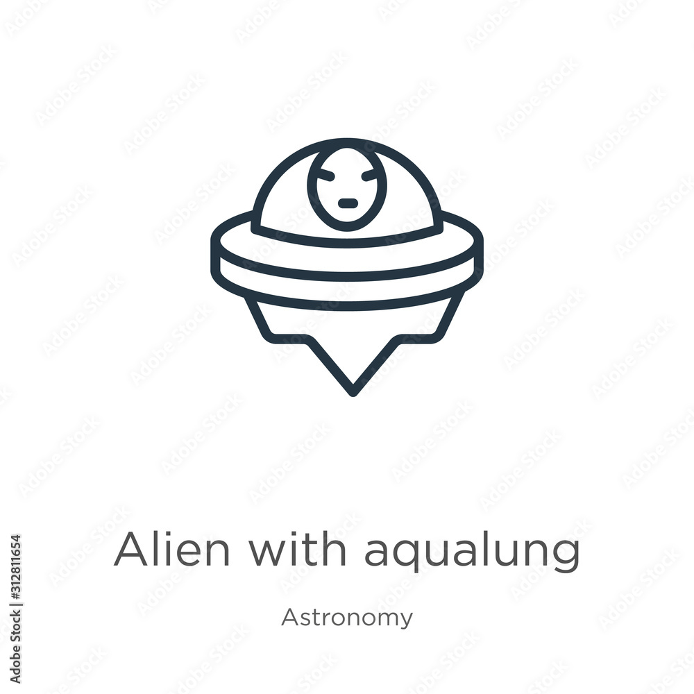 Poster alien with aqualung icon. thin linear alien with aqualung outline icon isolated on white background 