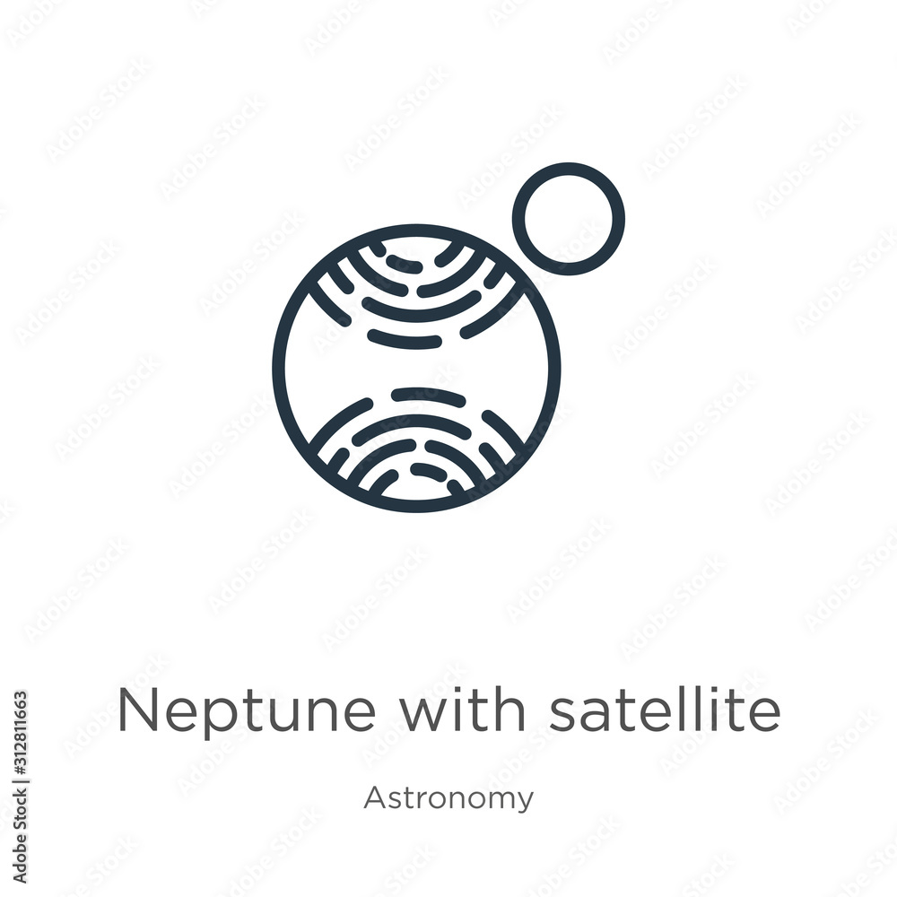 Poster neptune with satellite icon. thin linear neptune with satellite outline icon isolated on white backg