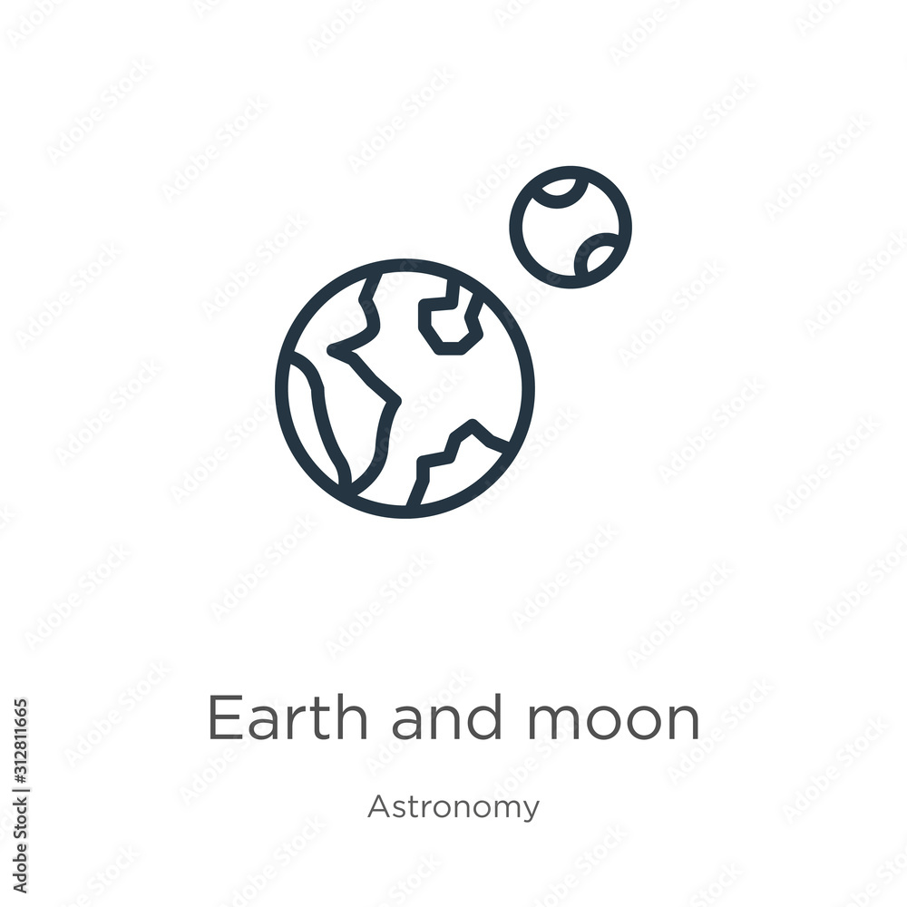 Poster earth and moon icon. thin linear earth and moon outline icon isolated on white background from astro