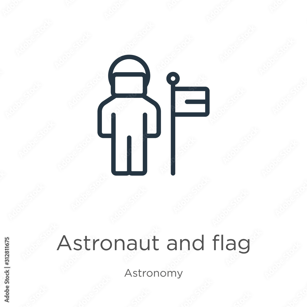 Poster astronaut and flag icon. thin linear astronaut and flag outline icon isolated on white background fr