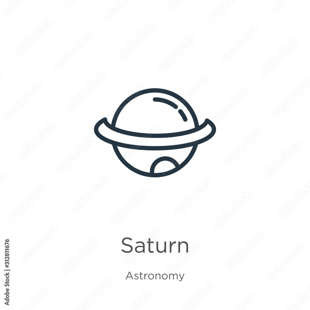 Poster saturn icon. thin linear saturn outline icon isolated on white background from astronomy collection.