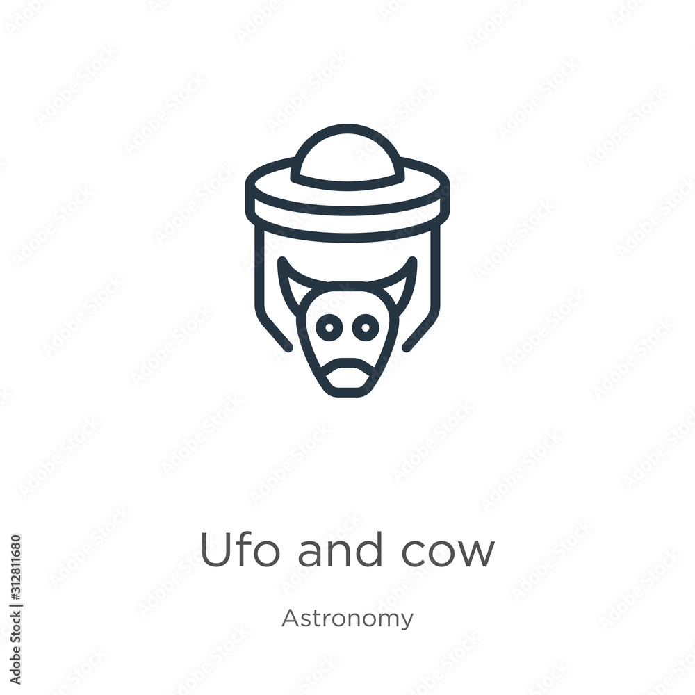 Poster ufo and cow icon. thin linear ufo and cow outline icon isolated on white background from astronomy c