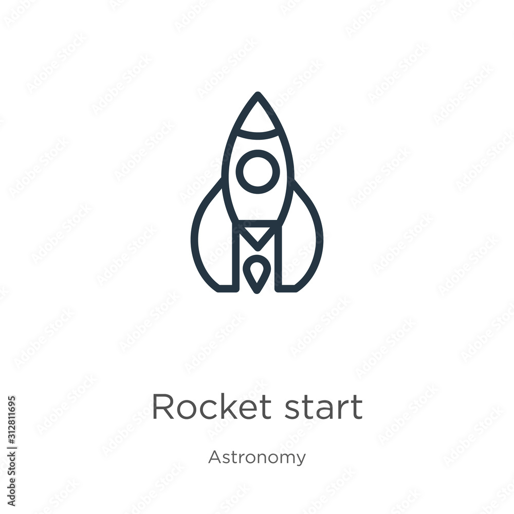 Poster rocket start icon. thin linear rocket start outline icon isolated on white background from astronomy