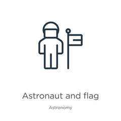 Astronaut and flag icon. Thin linear astronaut and flag outline icon isolated on white background from astronomy collection. Line vector sign, symbol for web and mobile