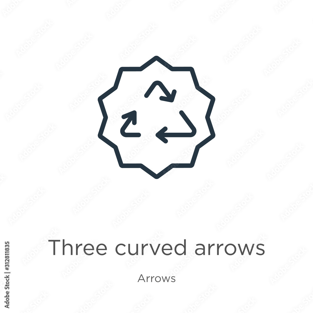 Poster three curved arrows icon. thin linear three curved arrows outline icon isolated on white background 