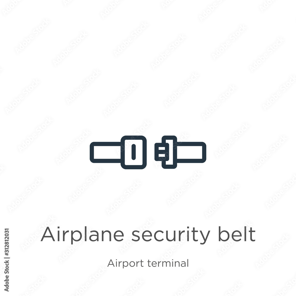 Poster airplane security belt icon. thin linear airplane security belt outline icon isolated on white backg