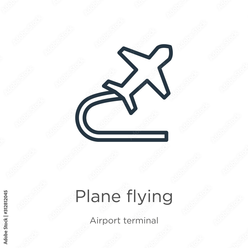Poster plane flying icon. thin linear plane flying outline icon isolated on white background from airport t