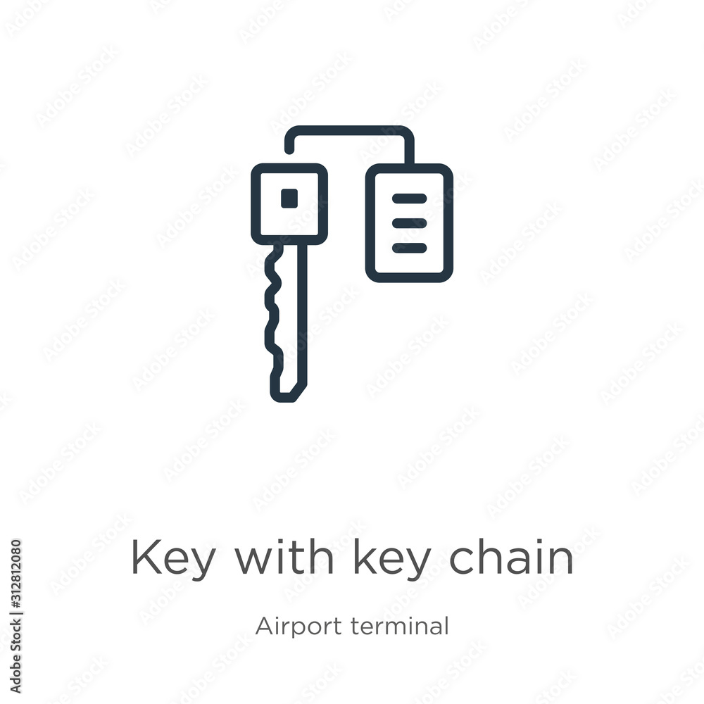 Poster key with key chain icon. thin linear key with key chain outline icon isolated on white background fr