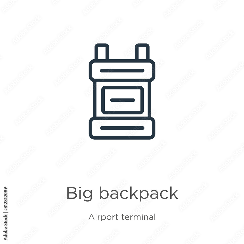 Poster big backpack icon. thin linear big backpack outline icon isolated on white background from airport t