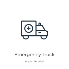 Emergency truck icon. Thin linear emergency truck outline icon isolated on white background from airport terminal collection. Line vector sign, symbol for web and mobile
