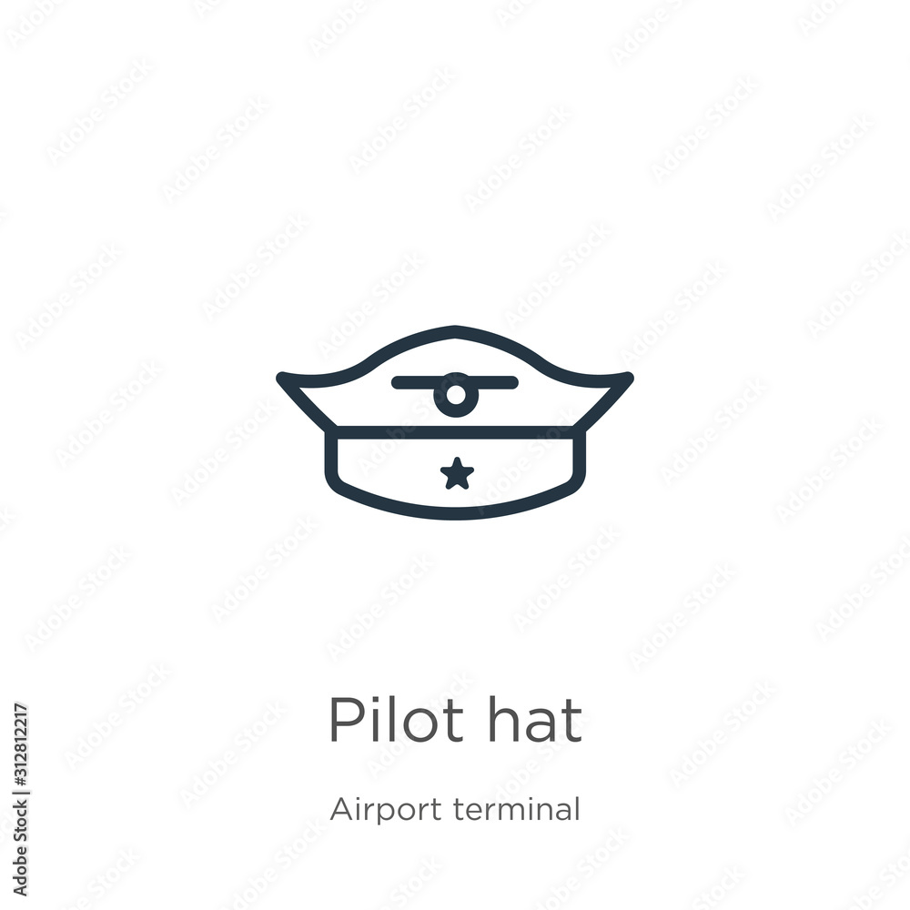 Poster pilot hat icon. thin linear pilot hat outline icon isolated on white background from airport termina