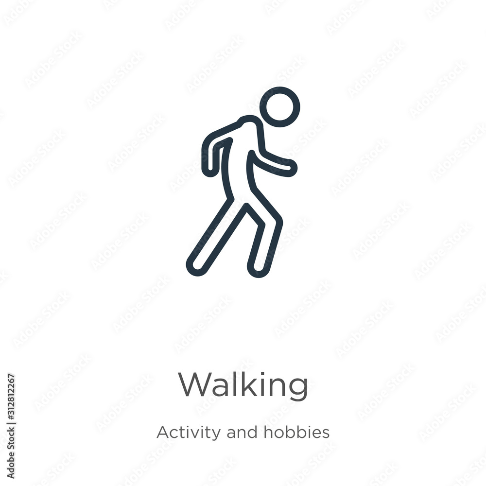 Poster walking icon. thin linear walking outline icon isolated on white background from activities collecti