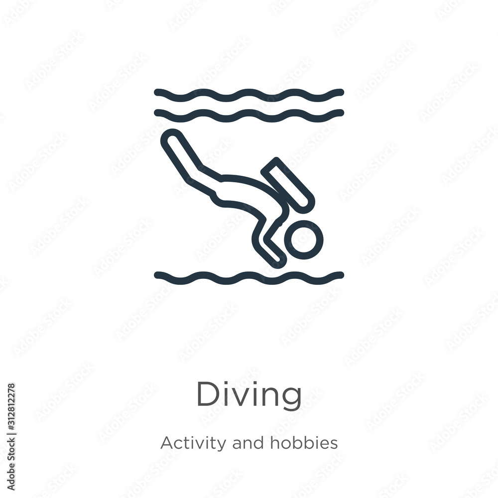 Poster diving icon. thin linear diving outline icon isolated on white background from activities collection