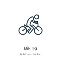 Fototapeta na wymiar Biking icon. Thin linear biking outline icon isolated on white background from activities collection. Line vector sign, symbol for web and mobile
