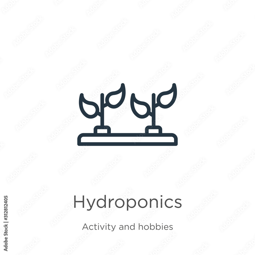 Poster hydroponics icon. thin linear hydroponics outline icon isolated on white background from activity an