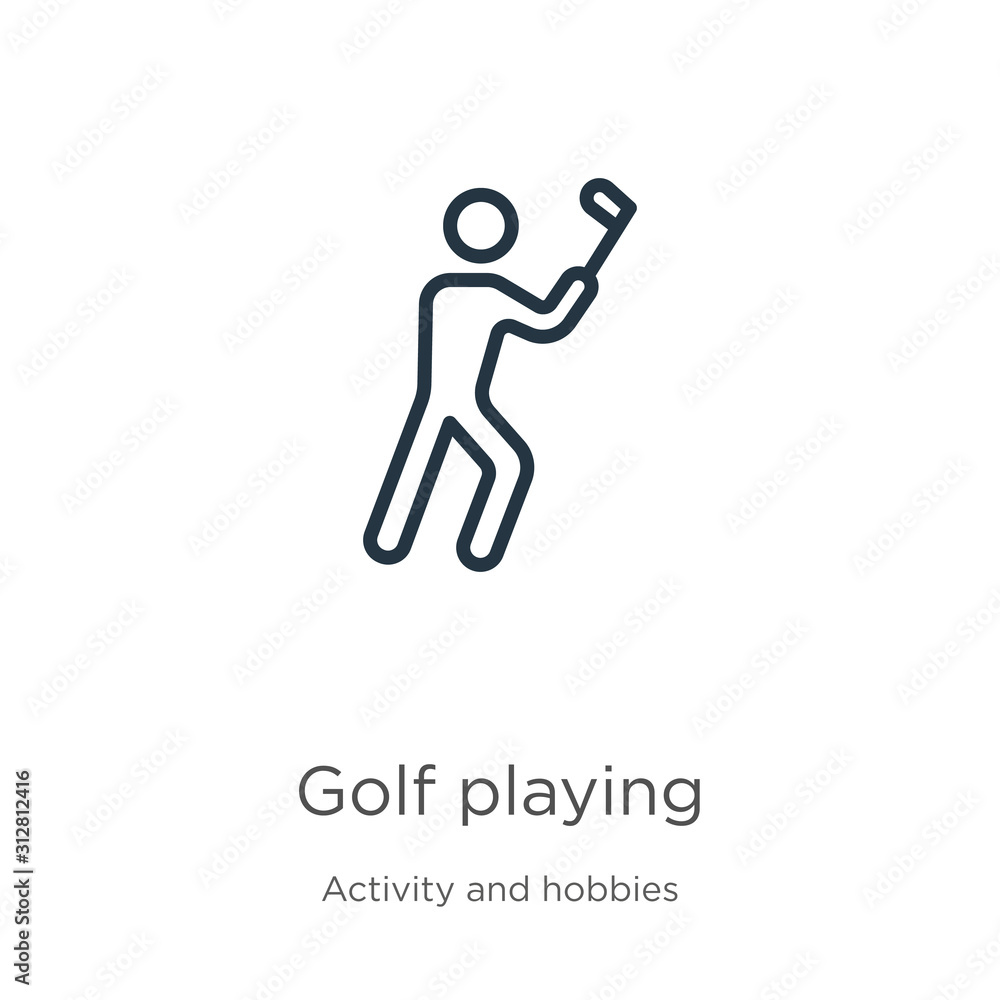 Poster golf playing icon. thin linear golf playing outline icon isolated on white background from activity 