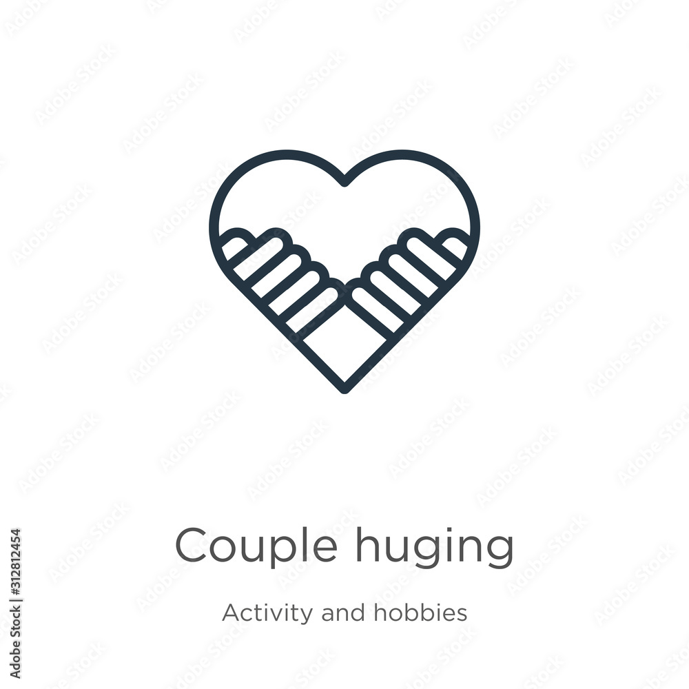 Poster couple huging icon. thin linear couple huging outline icon isolated on white background from activit