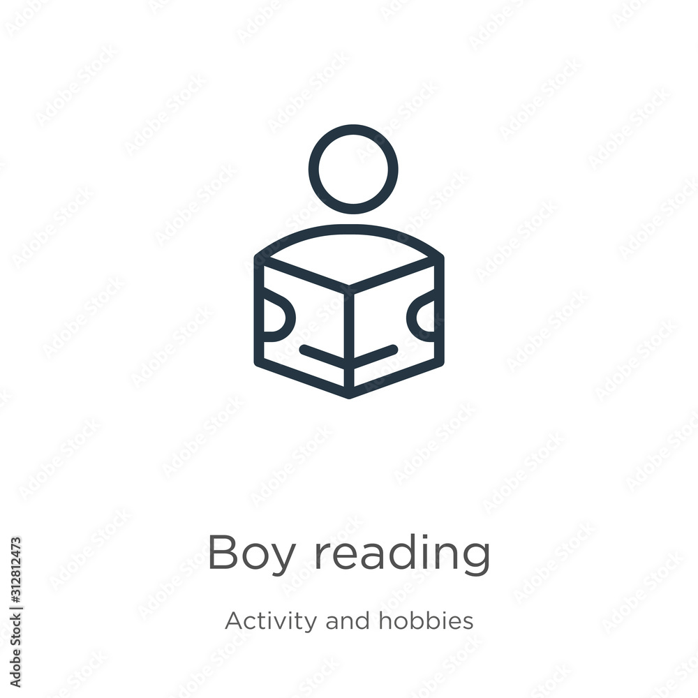 Poster boy reading icon. thin linear boy reading outline icon isolated on white background from activity an