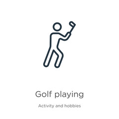Golf playing icon. Thin linear golf playing outline icon isolated on white background from activity and hobbies collection. Line vector sign, symbol for web and mobile