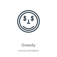 Greedy icon. Thin linear greedy outline icon isolated on white background from activity and hobbies collection. Line vector sign, symbol for web and mobile