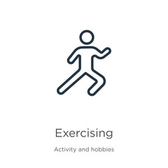 Exercising icon. Thin linear exercising outline icon isolated on white background from activity and hobbies collection. Line vector sign, symbol for web and mobile