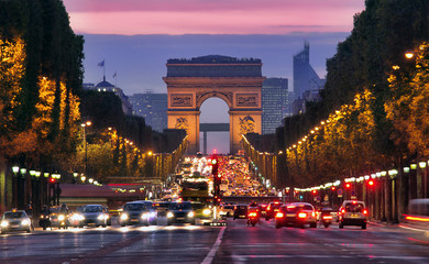 Champs Elysees and Arc de Triomphe in Paris France. night scene with car traffic - obrazy, fototapety, plakaty