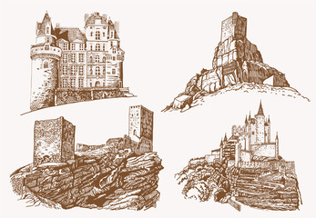 Graphical vintage set of medieval castles,vector sepia illustration - obrazy, fototapety, plakaty