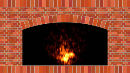 Burning Fireplace. Brick Wall. Red and Orange Flame on Black Background. Raster Illustration