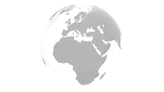 3D render: Transparent earth with landmass made from black dots. Oceans transparent. This view showing Europe and Africa.