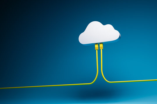 3D render: Cloud Computing Concept - Two Ethernet Cables plugged into a symbolic cloud. Blue background.