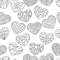 Vector seamless pattern of hand-drawn doodle hearts, coloring page