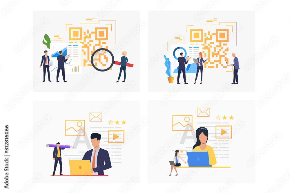 Poster sales analysis set. professional team analyzing qr code, graphs. flat vector illustrations. business