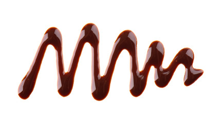 Chocolate syrup drizzle isolated on white background. Splashes of sweet chocolate sauce. Top view.
