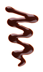 Chocolate syrup drizzle isolated on white background. Splashes of sweet chocolate sauce. Top view.