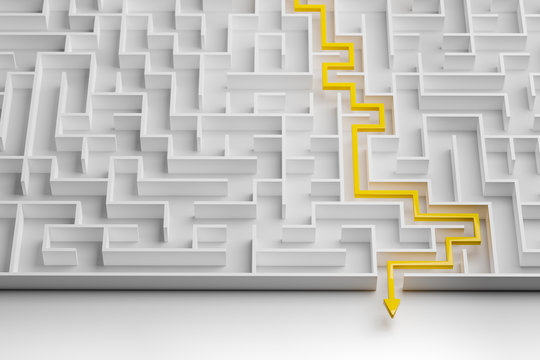 3d rendering: Concept - solving a complex problem. White maze with yellow solution path with arrow. High key image shot from above