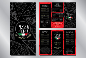 Pizza restaurant menu flyer template (pepperoni, mushroom, hawaiian, pasta, drinks) - 3 x DL (99 x 210 mm)