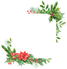 Watercolor Christmas frame with Christmas flowers and holly
