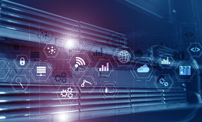 Industry technology concept. Mixed Media virtual screen. Manufacturing wireless computing future...
