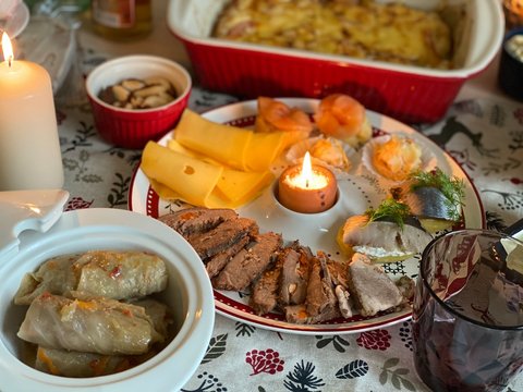 chrismas table with dishes. Russian traditional dishes.