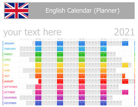 2021 English Planner Calendar with Horizontal Months on white background