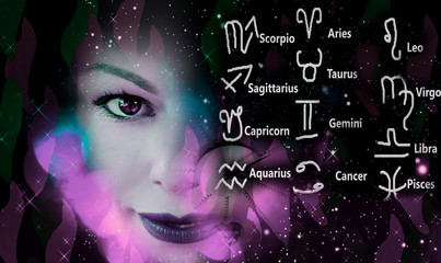 Alien and astrological symbols in the cosmic sky