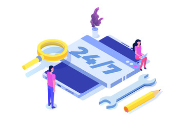 Support or call center 24/7 concept.   Web page or banner design templates.  24 hours open customer service. Vector illustration Isometric.