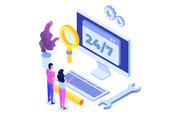 Support or call center 24/7 concept.   Web page or banner design templates.  24 hours open customer service. Vector illustration Isometric.