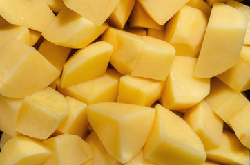 Background of peeled and diced raw potatoes