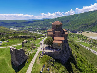 Mtskheta city in Mtianeti province of Georgia. Rocky mountaintop at confluence of Mtkvari and...