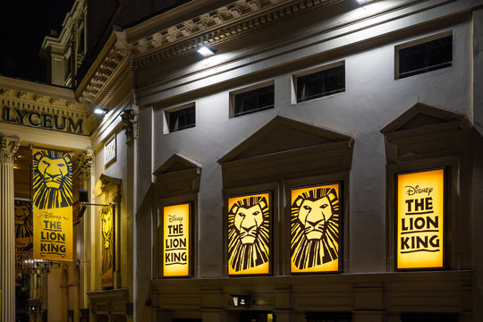 LONDON, UNITED KINGDOM - January 02, 2020: Exterior of the Lyceum Theatre, home of the hugely popular and successful Lion King musical in London's West End district.